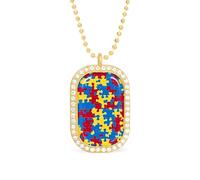 Autism Puzzles Pattern Women's Square White Diamond Necklace Adjustable Pendant Chain Gift for Mom