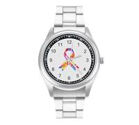 Autism Ribbon Awareness Men's Steel Strap Watch Easy Reader Casual Silver Dial Fashion Analog Watches