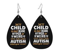 Autistic Autism Awareness Day Month 2023 Dangle Leather Clip on Earrings Faux PU Lightweight Teardrop Drop for Women