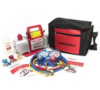Auto AC Refrigerant Recharging Complete Tool Kit with 3.5CFM Single-Stage Rotary Vane Vacuum Pump (3.5CFM, 150Micron/29.91Hg, 1/4HP), Manifold Gauge Set, Quick Coupler and R134A Can Tap/Opener Valve