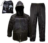 Auto Accessori Lupex - Waterproof and windproof motorcycle rain suit with bag, black, raincoat and trousers set with retractable hood, unisex, Black/White, 4XL