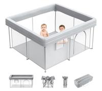 Auto Baby Playpen 120 * 120cm, INVOKER Automatic Opening Play Yard, Foldable Baby Playpen with Transparent Mesh Walls and Zip Door, Toddler Fence for Indoor & Outdoor Use with Travel Bag