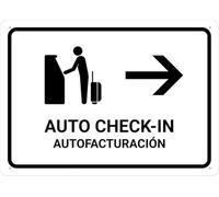 Auto Check In With Right Arrow White Bilingual Spanish Warning Metal Sign Tin Signs Aluminum Plaque for Outdoors Use Yard Farm Fence Home Wall Decor 8x12 inch
