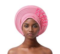 Auto Gele African Head Tie of Nigeria - Handmade Beaded Headwrap with Sequin Layers Elegant Turban Hat for Wedding Party Church Nigerian Women’s Fashion Accessory