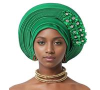 Auto Gele African Head Tie of Nigeria - Handmade Beaded Headwrap with Sequin Layers Elegant Turban Hat for Wedding Party Church Nigerian Women’s Fashion Accessory (Green)