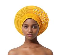 Auto Gele African Head Tie of Nigeria - Handmade Beaded Headwrap with Sequin Layers Elegant Turban Hat for Wedding Party Church Nigerian Women’s Fashion Accessory