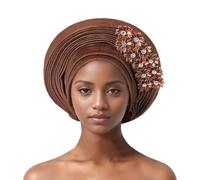 Auto Gele African Head Tie of Nigeria - Handmade Beaded Headwrap with Sequin Layers Elegant Turban Hat for Wedding Party Church Nigerian Women’s Fashion Accessory
