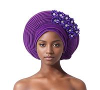 Auto Gele African Head Tie of Nigeria - Handmade Beaded Headwrap with Sequin Layers Elegant Turban Hat for Wedding Party Church Nigerian Women’s Fashion Accessory