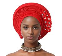 Auto Gele African Head Tie of Nigeria - Handmade Beaded Headwrap with Sequin Layers Elegant Turban Hat for Wedding Party Church Nigerian Women’s Fashion Accessory (Red)