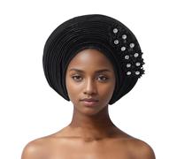 Auto Gele African Head Tie of Nigeria - Handmade Beaded Headwrap with Sequin Layers Elegant Turban Hat for Wedding Party Church Nigerian Women’s Fashion Accessory