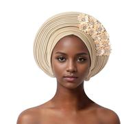 Auto Gele African Head Tie of Nigeria - Handmade Beaded Headwrap with Sequin Layers Elegant Turban Hat for Wedding Party Church Nigerian Women’s Fashion Accessory