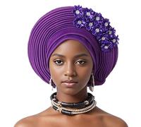 Auto Gele African Head Tie of Nigeria - Handmade Beaded Headwrap with Sequin Layers Elegant Turban Hat for Wedding Party Church Nigerian Women’s Fashion Accessory (Purple)