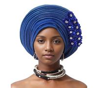 Auto Gele African Head Tie of Nigeria - Handmade Beaded Headwrap with Sequin Layers Elegant Turban Hat for Wedding Party Church Nigerian Women’s Fashion Accessory (Royal Blue)