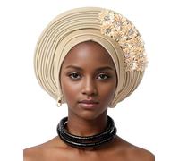 Auto Gele African Head Tie of Nigeria - Handmade Beaded Headwrap with Sequin Layers Elegant Turban Hat for Wedding Party Church Nigerian Women’s Fashion Accessory (Champagne)