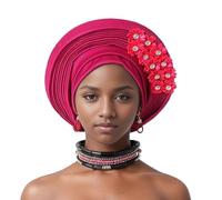Auto Gele African Head Tie of Nigeria - Handmade Layered Glitter Headwrap Turban Hat for Wedding Party Church Traditional Cultural Event Nigerian Women's Ethnic Fashion (Fuchsia)