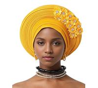 Auto Gele African Head Tie of Nigeria - Handmade Layered Glitter Headwrap Turban Hat for Wedding Party Church Traditional Cultural Event Nigerian Women's Ethnic Fashion (Gold)