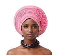 Auto Gele African Head Tie of Nigeria - Handmade Layered Glitter Headwrap Turban Hat for Wedding Party Church Traditional Cultural Event Nigerian Women's Ethnic Fashion (Pink)