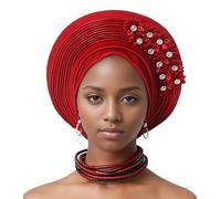 Auto Gele African Head Tie of Nigeria - Handmade Layered Glitter Headwrap Turban Hat for Wedding Party Church Traditional Cultural Event Nigerian Women's Ethnic Fashion (Burgundy)