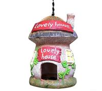Auto-On for solar Bird House Resin Waterproof Night Glow Decor | for solar powered LED, auto on at dusk, waterproof resin, red thatched design, 15x15x22cm size