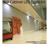 4x ALUMINIUM Ultra-Slim Round Under Cabinet Kitchen Light & Driver Kit - AUTO ON / OFF PIR - Natural White LED Loops White One Size