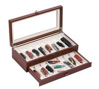 AUTOARK 2-Tier PU Leather & Velvet Knife Organizer with 17 Slots,Transparent Glass Top & Drawer,Compact Storage for Pocket Knives,Perfect for Men's Collections & Gifts,Brown,MKAW017