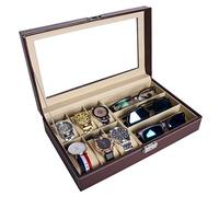 AUTOARK 6 Piece Watch Case and 3 Piece Eyeglasses Storage Leatherette Combo Jewelry Box and Sunglass Glasses Display Case Organizer,Brown,AW-020