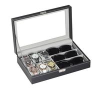 AUTOARK Leather 6 Watch Box Jewelry Case and 3 Piece Eyeglasses Storage and Sunglass Glasses Display Case Organizer,Black,AW-004