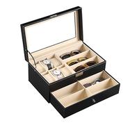 AUTOARK Leather 6 Watch Box Jewelry Case and 9 Piece Eyeglasses Storage and Sunglass Glasses Display Drawer Lockable Case Organizer,Black,AWU-048
