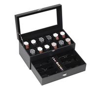 AUTOARK Leather & Velvet 12 Watch Box Jewelry Case and 6 Piece Sunglass Eyeglasses Organizer,2 Layers with 1 Drawer,Lockable,Large Glass Top,Black,MKAW039