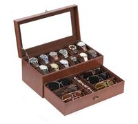 AUTOARK Leather & Velvet 12 Watch Box Jewelry Case and 6 Piece Sunglass Eyeglasses Organizer,2 Layers with 1 Drawer,Lockable,Large Glass Top,MKAW041