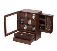 AUTOARK Wooden Watch Eyeglass Jewelry Box with Glass Front,12-Slot Vertical Display Case with 2 Drawers,Velvet Lining,Dresser Organizer for Men Women,Space-Saving Sunglass Storage,Coffee,MKAW085