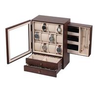 AUTOARK Wooden Watch Eyeglass Jewelry Box with Glass Front,12-Slot Vertical Display Case with 2 Drawers,Velvet Lining,Dresser Organizer for Men Women,Space-Saving Sunglass Storage,Brown,MKAW083