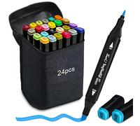 Autoau Alcohol Markers 24 Colours Art Permanent Marker Pens Set, Colouring Pens for Adults, Twin Tip Alcohol Brush Markers for Drawing, Painting, Highlighting, Fun Doodling, Anime and Manga Design