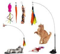 Autoau Cat Toys for Indoor Cats Adult, Interactive Cat Toy Training with 5 Feather Accessories, Cats Feather Toy Suction Cup Pet Teaser Wand Toys for Boredom and Exercise