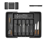 AutoBaBa Utensil Drawer Organiser, Expandable Large Cutlery Tray for Kitchen, Adjustable Silverware Flatware Holder, Plastic Kitchen Spatula Tools and Gadgets Storage Divider, Large, Black