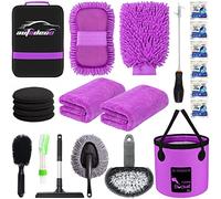 AUTODECO 22 Pieces Car Wash Cleaning Tool Set, Car Detailing Kit with Canvas Bag, Purple, Folding Bucket, Wash Mitt, Sponge, Towels, Tire Brush, Window Scraper