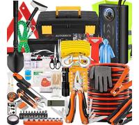 AUTODECO 98 PCS Roadside Car Emergency Assistance Kit with Portable Air Compressor Jumper Cables Safety Hammer All in One Pliers Tool Set（Orange）