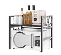 AUTOFU 2-Tier Expandable Microwave Oven Rack Countertop for Kitchen, Microwave Shelf Stand Metal with 6 Hooks, Baker Rack, Adjustable Kitchen Shelf Organizer, Maximum load 25kg, Black