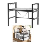 AUTOFU 2 Tier Microwave Stand with 6 Hooks, Air Fryer Shelf Stand, Expandable Microwave Shelf, Desktop Printer Shelf Rack, Bakers Rack, Kitchen Countertop Organiser Shelves, Black