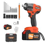 AUTOFU Cordless Impact Wrench, 600N.m Brushless 1/2 Power Battery Impact Gun w/ 6.0 Battery, 2 Speeds 0-3000RPM, 4 Sockets, 12 Drill Accessories, High Power Impact Wrench for Car Home