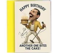 Autograph Birthday Card - Funny “Another One Bites The Cake” Greeting with Reproduction Printed Retro Music Collectible for Men and Women Freddie Mercury Inspired No1957