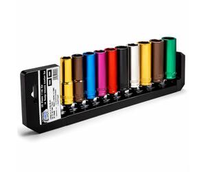 Autojack 1/2" Deep Socket Set 10 Piece Metric Multi Coloured Sockets with Included Storage Rack, Premium Chrome Finish for Corrosion Resistance