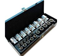 Autojack 24 Piece 1/2" And 1/4" Square Drive Socket Set, Chrome Vanadium Steel 6 Point Sockets Include Metal Storage Case