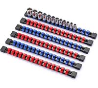 Autojack Socket Organizer Set, 6 Piece Sockets Rails, Secure Spring Ball Bearing Clips, 1/4", 3/8", 1/2" Holders, Durable Polypropylene, 14 Inch, Red & Blue