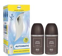 Automatic Air Freshener Dispenser with 2 x 250ml Refill Tins - Deep Oud Fragrance: A Classy, Earthy Blend of Amber, Citrusy Notes, and Rich Agarwood for a Luxurious Scented Experience