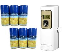 Automatic Air Freshener Spray Dispenser with LCD Display, Programmable Perfume Scent Air Freshener for Bedroom Bathroom Hotel Office White & 6 Cans of Lemon Sherbet Scent & 2 x AA Batteries