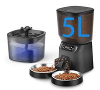 Automatic Cat Feeder and Water Fountain, 5L/20 Cups Timed Cat Dry Food Dispenser, 10s Meal Call, 20 Portions 6 Meals Per Day, 2L Cats Fountains for Drinking with Filter, Pet Feeder for Dog Black