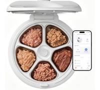 Automatic Cat Feeder Wet Food for 5 Meals with Camera, Semiconductor Cooling & Pre-Heating Pet Food Dispenser with Night Vision, App-Control & Meal Call, Stainless Steel Tray（White
