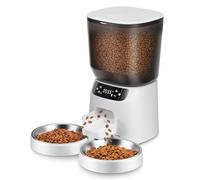 Automatic Cat Feeders for Two Cats, 5L/20 Cups Double Automatic Cat Food Dispenser with 2 Stainless Bowls, Timer Setting 20 Portions 6 Meals Per Day, 10s Meal Call, Pet Feeder for Dog (White)