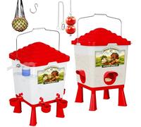 Automatic Chicken Feeder and Waterer Set, Chicken Coop Accessories - 5 Gallon Poultry Nipple Waterer with Stand, Easy Top Fill Chick Feeder (Red)